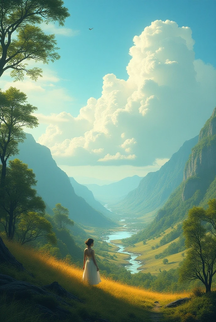 (Maxfield Parrish:0.7), painting, vivid colors, blue sky, extremely detailed, fantasy setting, Rivendell setting, (front view:1.4), a skinny nude young woman dancing by lake, small breasts, legs, beautiful eyes, amazing vista