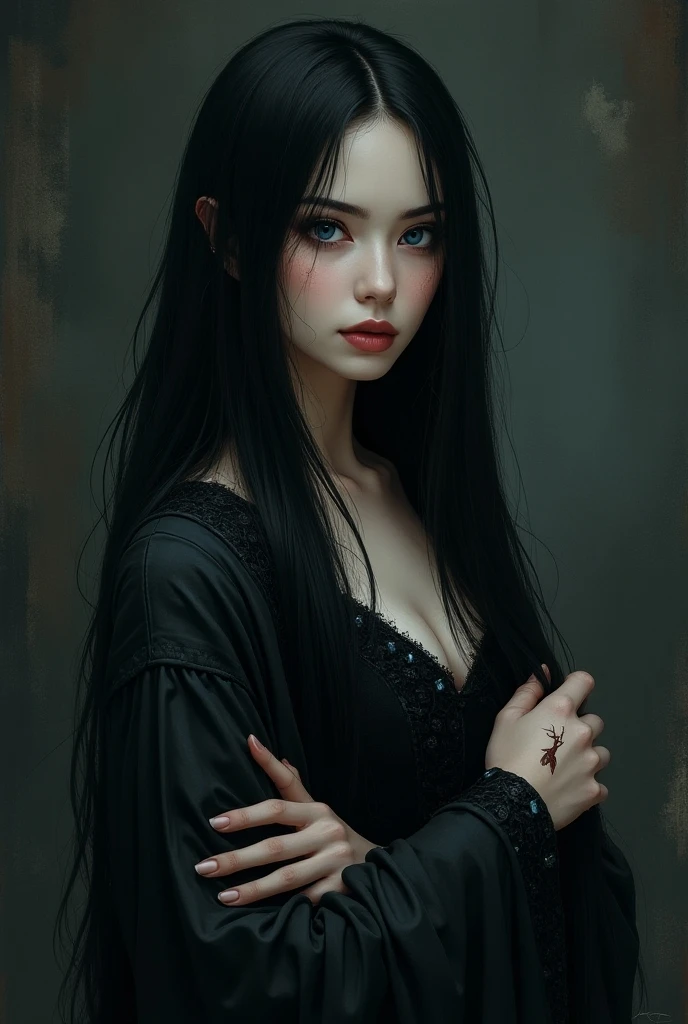  A woman with straight black hair , blue eyes,  Pale white skin,  a small, pointed nose , an almond-shaped face ,  she wears medieval black clothing and has a female deer mark on her left forearm,  the image must be an illustration  
