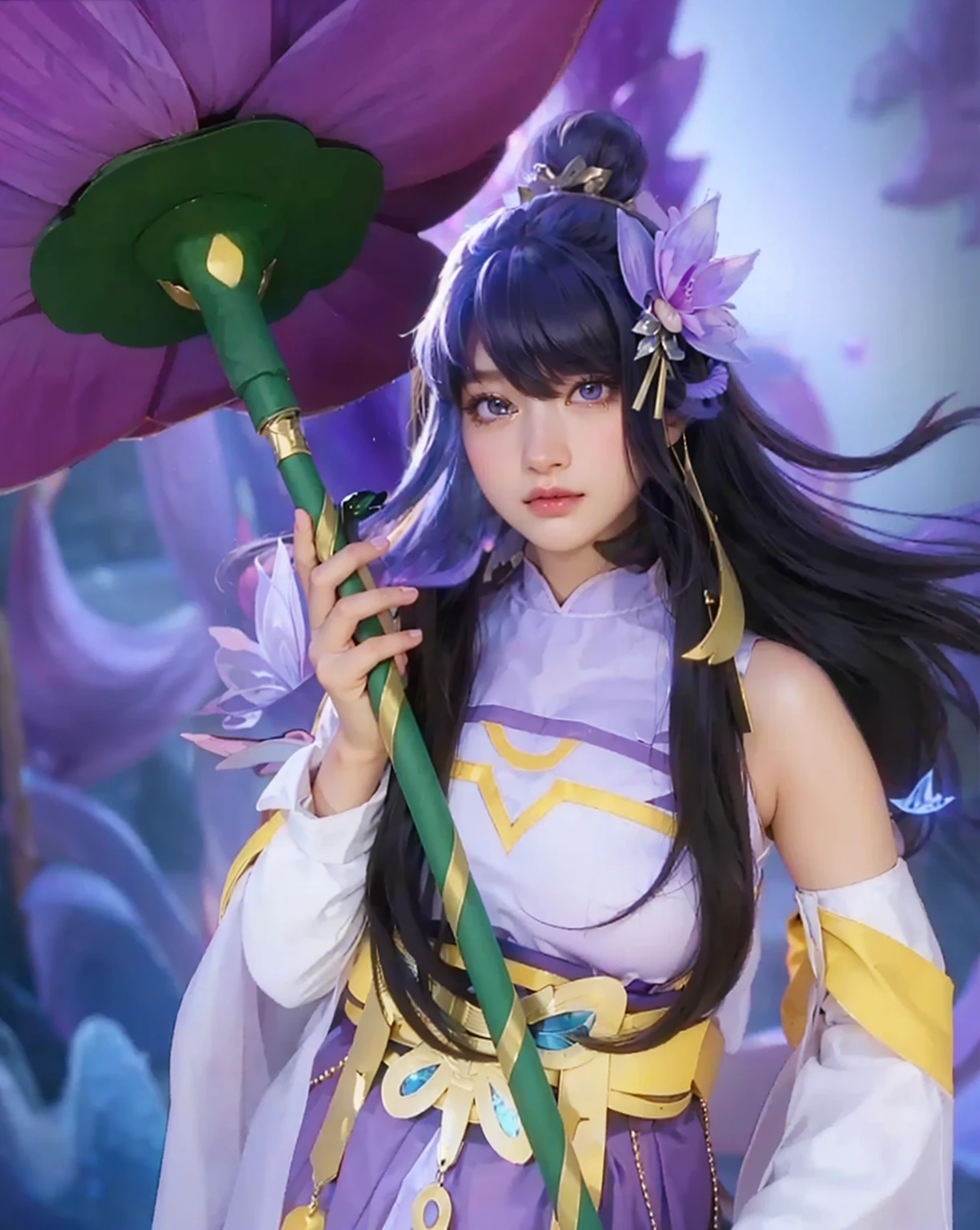 ( KAGURA SKIN STARLIGHT YEAR (WATER LILY)_MOBILE LEGEND GANG BANG),((realistic, photorealistic)),(highlight hair)), Light reflection, (( HD )),((upper body)), (((best quality, masterpiece))), (masterpiece) (best quality) (detail) (8k) (HDR) (wallpaper) (cinematic lighting) (sharp focuasterpiece, best quality: 1.1), Real life adaption of this character, Asian teen beauty face, Shining Purple eyes, realistic outfit, realistic shadow, realistic light, realism, hyper realistic, realistic background,(photorealistic:1.2), 1girls,Flying hair, transparent butterfly, Lily flower umbrella, blur background, accessories,