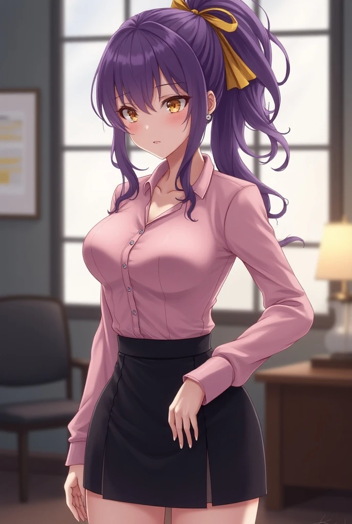 (masterpiece,best quality,Ultra-high resolution),Japanese woman, (((Very beautiful 25 year old girl))), pretty girl、Look at the photographer、 ((Beautiful low ponytail)), Super cute face, Glossy lips, Double eyelids,Natural smile、 Natural Makeup, Long eyelashes, Shiny and smooth hair、Center Image, Perfect limbs, Perfect anatomical structure,(((tight skirt)))、(((Look back)),Sweat soaked,sit