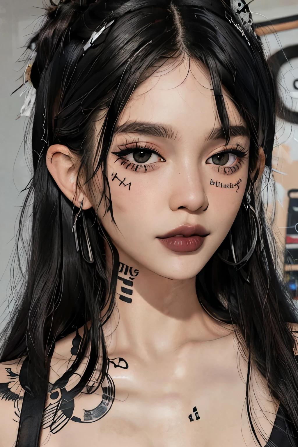 1girl, face tattoo, facing viewer, looking at viewer, black hair, shaggy hair, messy hair, black lipstick, black lips, winged eyeliner, pale skin, smokey eyes, eye shadow, mascara, face closeup, face close up, closeup, close up, bangs, messy hair, face tattoos, bedhead, indoors, tattoos, neck tattoos, covered in tattoos, portrait