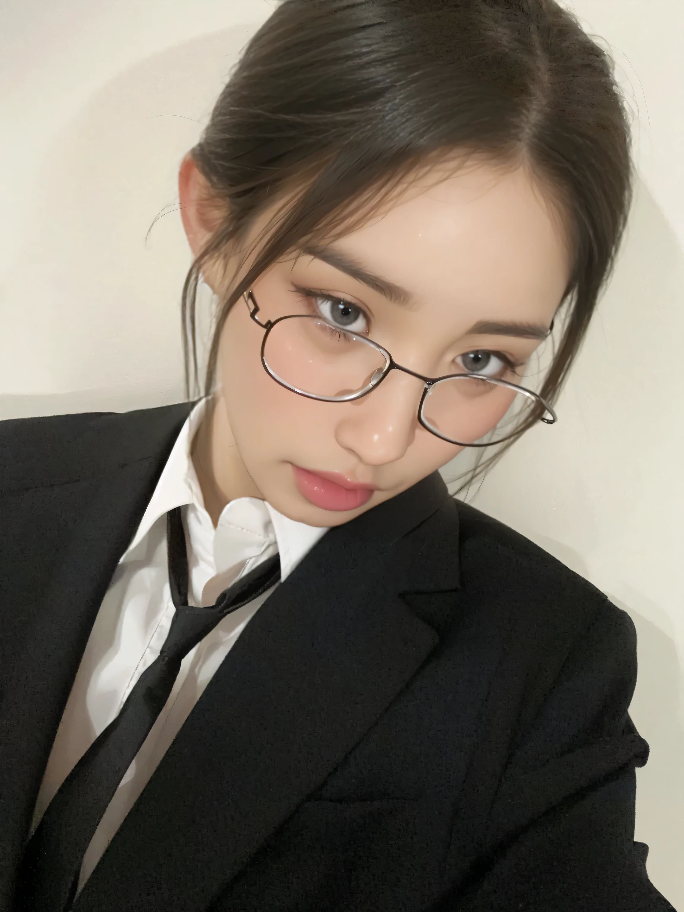 ((best quality)), ((masterpiece)), (detailed), perfect beautiful face ,ponytails hair,sexy office eoutfit, short dress , big showing, glasses
