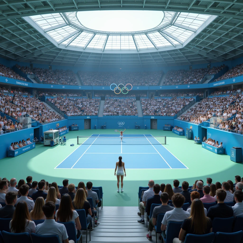 Panoramic vistas : inside 这 Olympic tennis court, with 这 five Olympic rings logo,  viewers watching and talking, 这 pool looks calm, tennis court，tennis clothes，运动女孩在tennis court打球