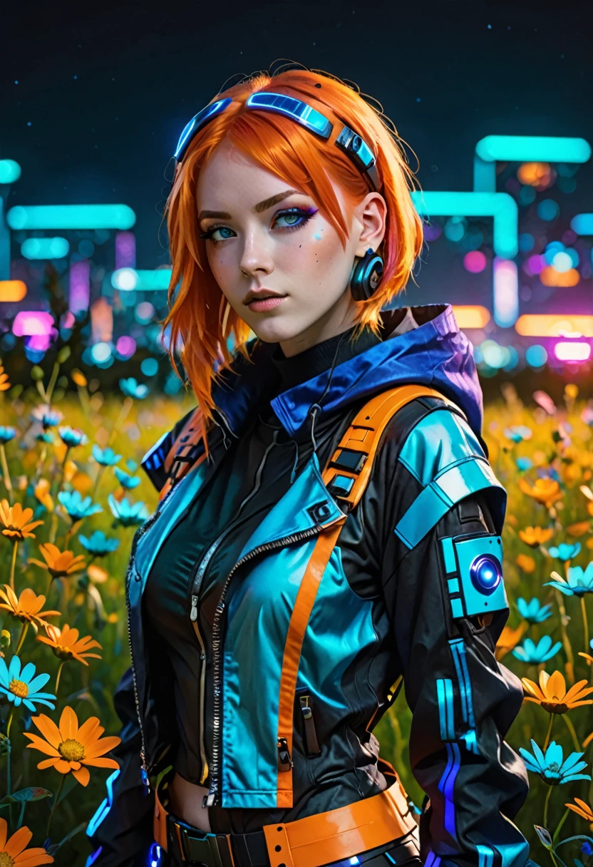 A girl with orange hair, with blue cyberpunk outfit, in a colorful meadow, at night