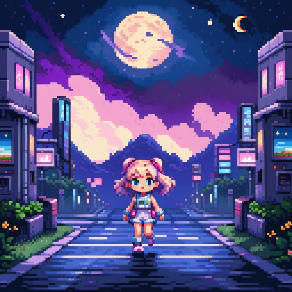 ((masterpiece)), ((best quality)), 8k, high detailed, ultra-detailed, 2D pixel art, retro, nostalgic SNES side-scroller game, chibi girl, walking on a road, large moon in the sky, characters from past stages in background, simple soft colors, glowing moonlight, pixelated stars
