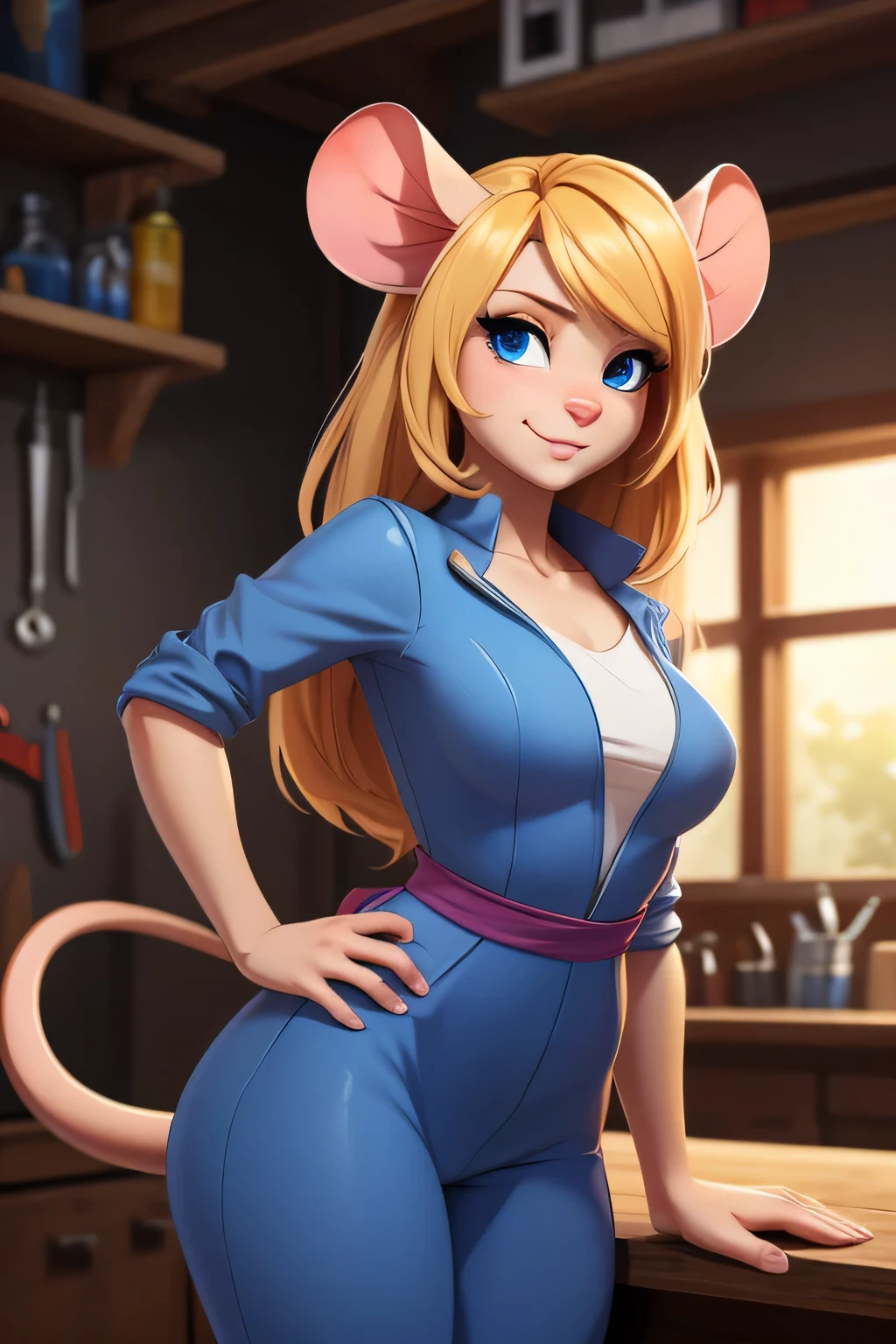 ((ultra quality)), ((tmasterpiece)), Nut, anthropomorphic mouse girl, Furry, ((blonde woman, hairlong)), Beautiful cute face, beautiful female lips, charming beauty, ((Kind expression on his face)), seductively looking at the camera, slightly closed eyes, ((Skin color: white)), Body glare, ((there is a mouse tail in the back)), ((detailed beautiful female eyes)), ((big blue eyes)), beautiful female hands, ((perfect female figure)), ideal female body shapes, Beautiful waist, nice feet, big thighs, Beautiful butt, ((Subtle and beautiful)), stands seductively leaning on the table, ((dark blue jumpsuit, with sexy neckline)) background: workshop, ((Depth of field)), ((high quality clear image)), ((crisp details)), ((higly detailed)), Realistic, Professional Photo Session, ((Clear Focus)), ((cartoon)), the anime, NSFW