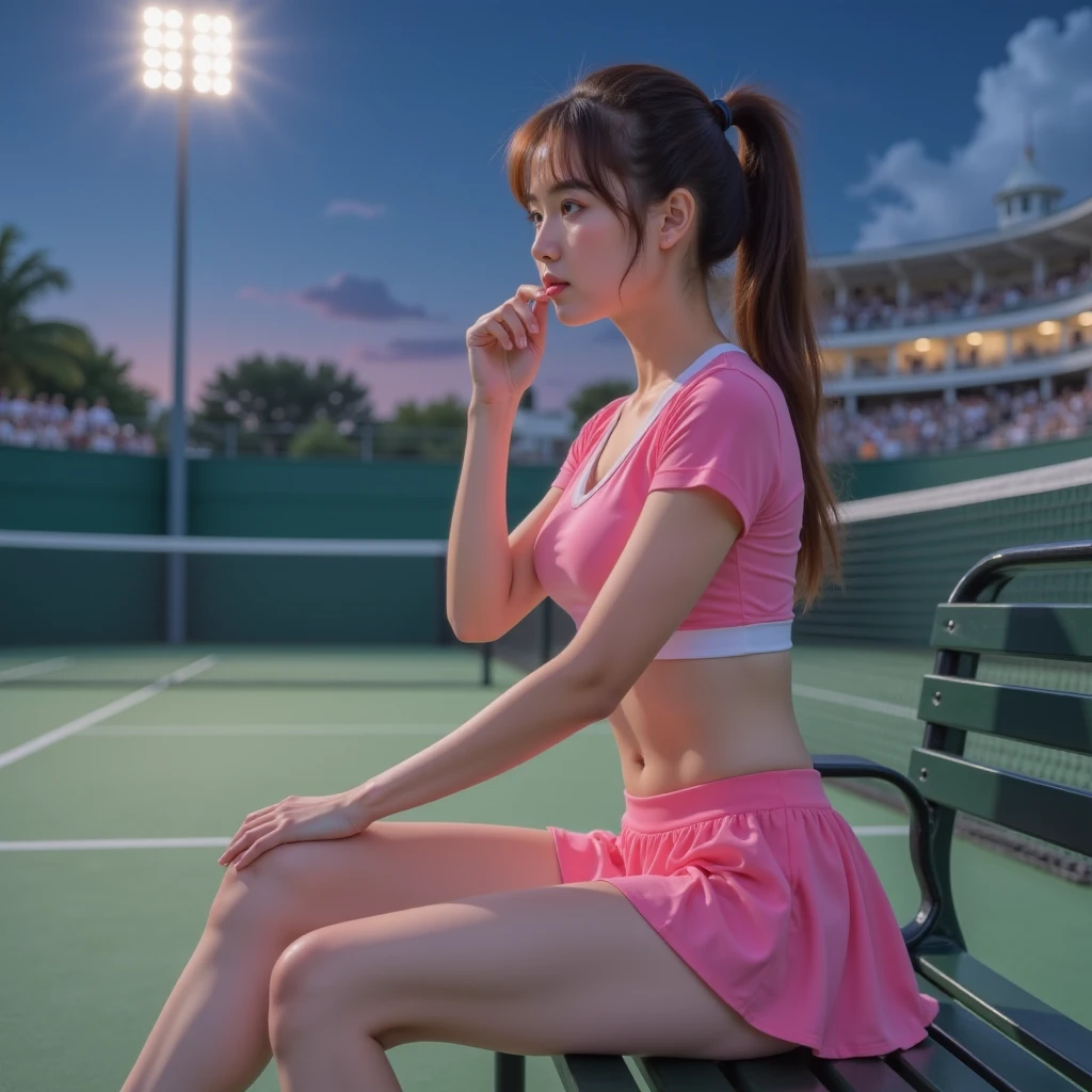 ((  perfect anatomy ,  anatomically correct ,  supene skin )),  1 girl, Solitary, Japanese, ,  tennis player ,  glossy skin , View the scenery, 
Beautiful hair,  pretty face ,  beautiful detailed eyes , Brown eyes, (Long hair:1.7, Side Ponytail:1.5, Light brown hair), Baby Face, Mole under the eye, 
 beautiful clavicle , Beautiful body , Beautiful breasts,  beautiful thighs ,  beautiful legs , Large Breasts:0.5, Attractive thighs, 
Camel toe, Bare arms, unarmed, Bottomless, close-up collarbone , rest, 
(( symmetrical fabric metal )), ((Pink tennis clothes,  Short sleeve, shirt, skirt, [sock, Tennis shoes)), rest, 
(Beautiful scenery), night, ((tennis court)), (stadium:1.5),  bench chair , 
Lovely smile, sitting  bench chair , flipping skirt,  put fingers on lips, rest, 
(8K,  Top Quality , masterpiece:1.2,  Extremely Detailed), (Realism:1.2),   beautiful illustration  , Depth of Field, Natural lighting,