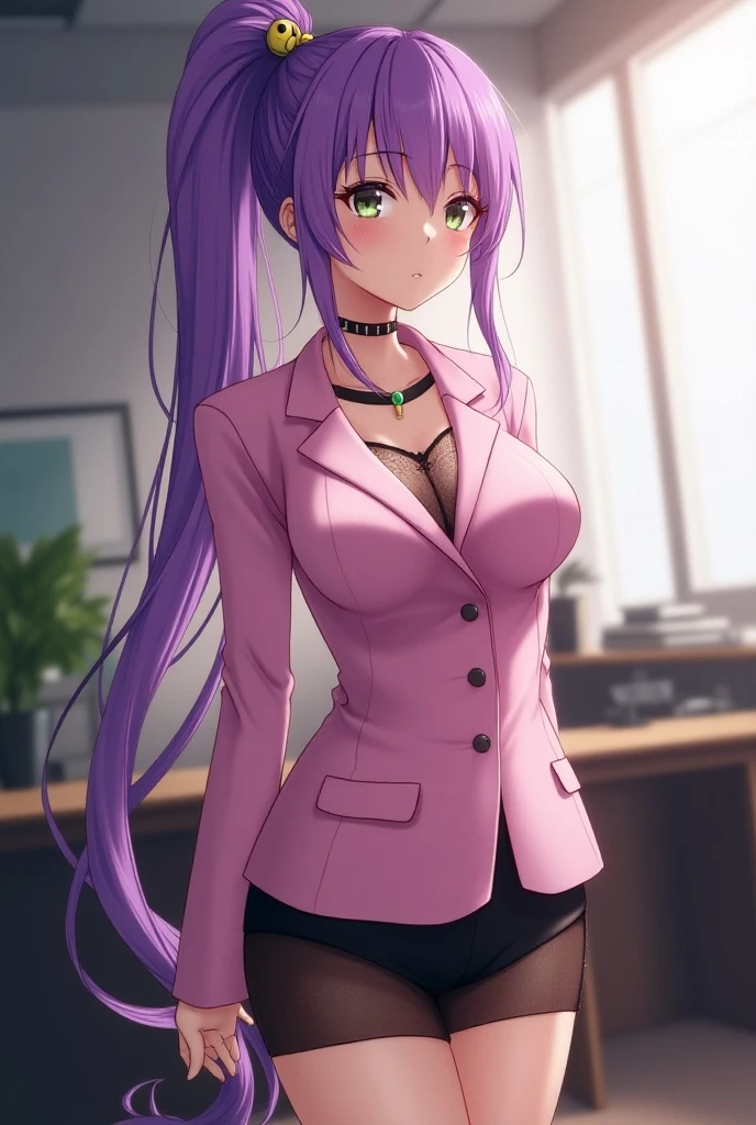 slimeshion, shion, black horns, hair intakes, horns, long hair, oni, oni girl, oni horn, oni horns, ponytail, (purple eyes:1.1), purple hair, single horn,
BREAK belt, belt buckle, black belt, buckle, cleavage, collarbone, jacket, long sleeves, office lady, pants, purple jacket, purple pants, wing collar, green collar,
BREAK looking at viewer,
BREAK outdoors,
BREAK (masterpiece:1.2), best quality, high resolution, unity 8k wallpaper, (illustration:0.8), (beautiful detailed eyes:1.6), extremely detailed face, perfect lighting, extremely detailed CG, (perfect hands, perfect anatomy),