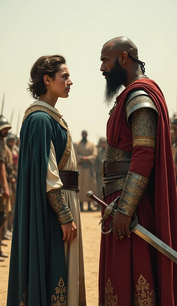 The Beggar's Generous Response
The beggar, now with a confident and sincere expression, speaks earnestly. He is standing with one hand raised as if making a promise or a declaration. The queen watches him attentively, a slight smile of surprise on her lips, impressed by his words.