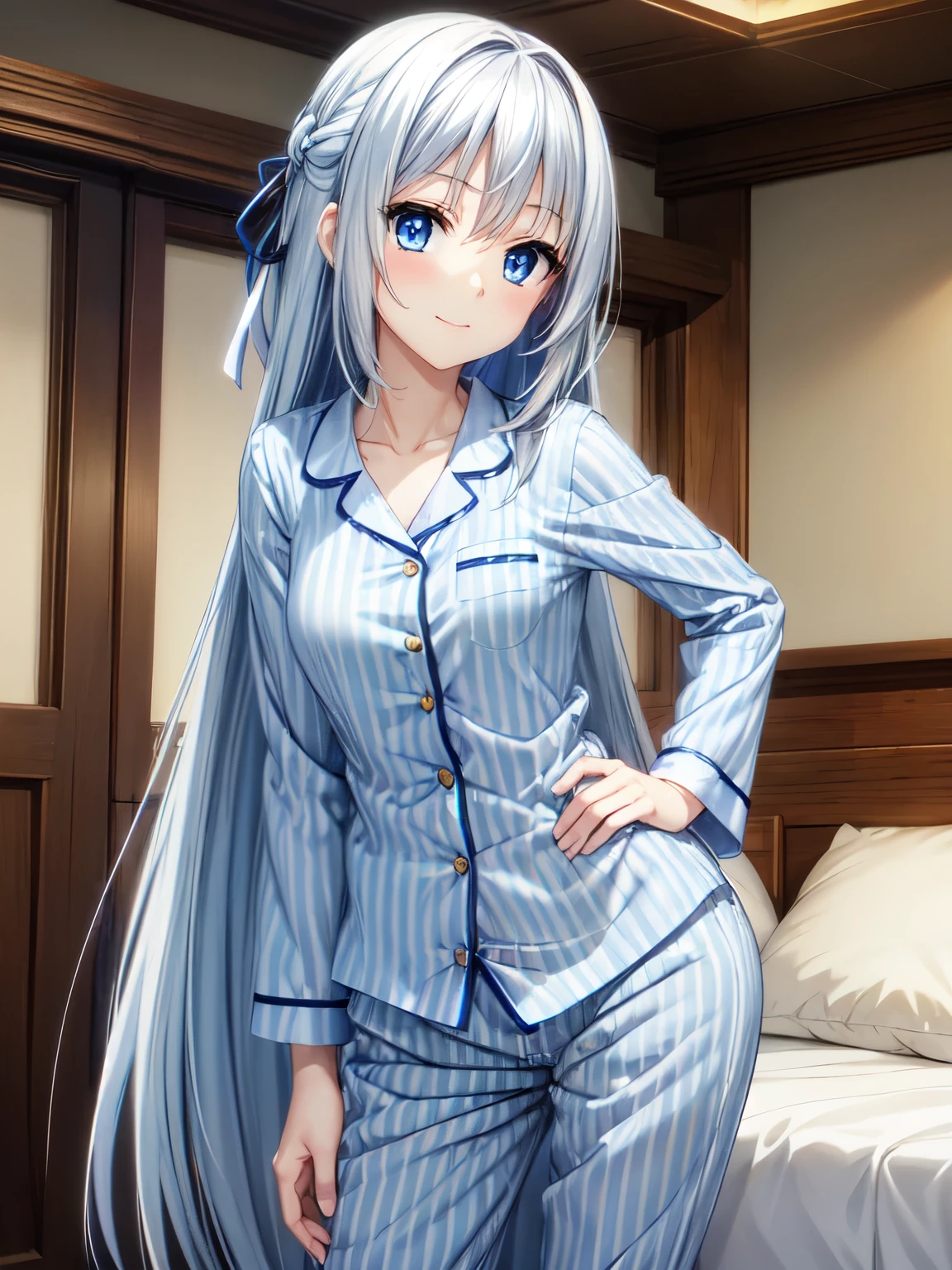 masterpiece、Best Quality、detailed、Eucliwood Helsize、Closed Mouth、smile、One girl、Blue Eyes、Long Hair、( anime illustration style:1.2)、Silver Hair、 Blue eyes,indoor、bet、Long Hair、Attractive eyes、Half asleep、(Long pants、In pajamas:1.3),Hands behind head、Sharp pupils、 High Resolution 、 High Resolution 、 super fine painting,、(非常にdetailed、color、Sparkle)、(Genuine、Real、Realistic)、Small breasts、  High Resolution 、超 High Resolution 、 cowboy shot、Leaning forward