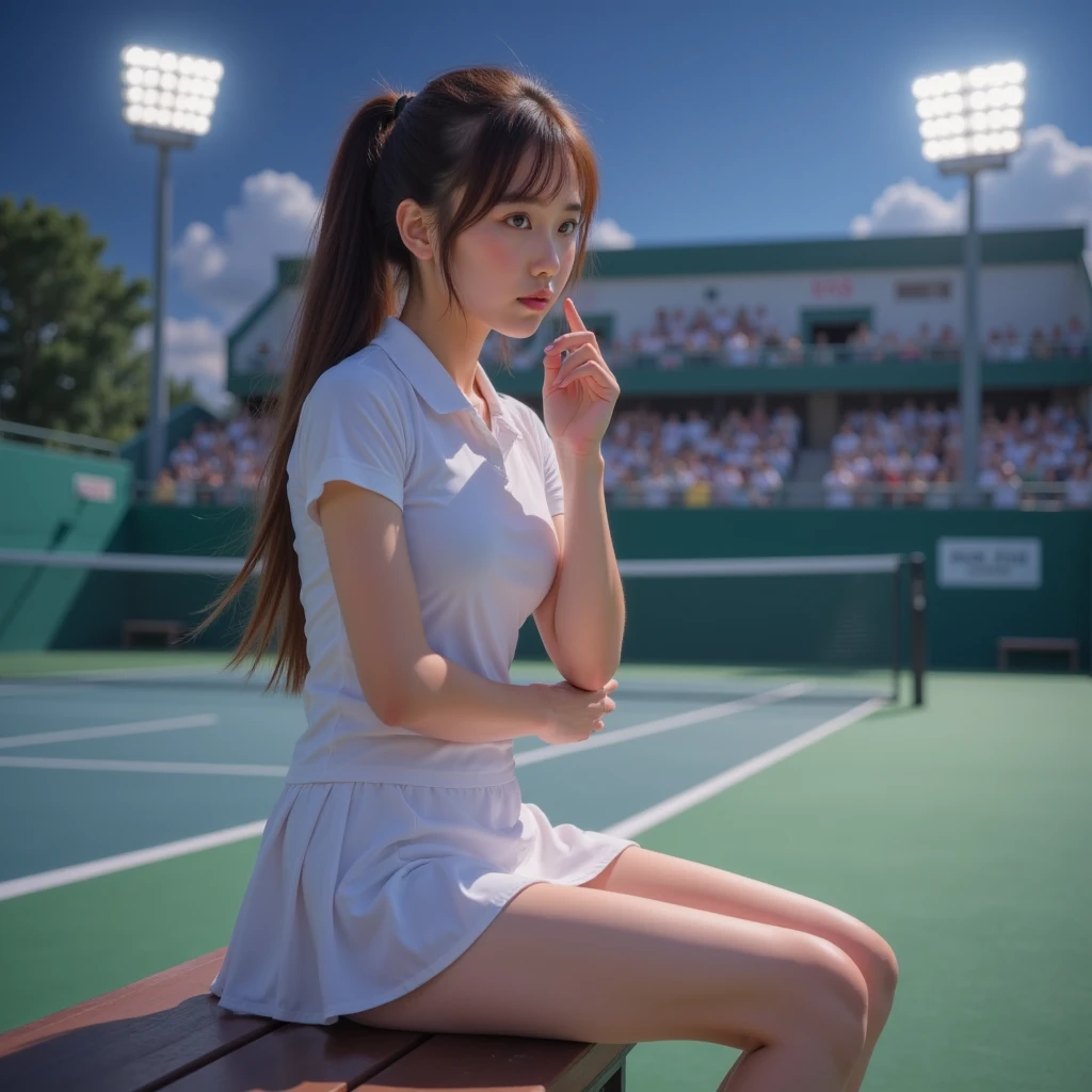 ((  perfect anatomy ,  anatomically correct ,  supene skin )),  1 girl, Solitary, Japanese, Finished the game,  tennis player ,  glossy skin , View the scenery, 
Beautiful hair,  pretty face ,  beautiful detailed eyes , Brown eyes, (Long hair:1.7, Side Ponytail:1.5, Light brown hair), Baby Face, Mole under the eye, 
 beautiful clavicle , Beautiful body , Beautiful breasts,  beautiful thighs ,  beautiful legs , Large Breasts:0.5, Attractive thighs, 
Camel toe, Bare arms, unarmed, Bottomless, close-up collarbone , rest, 
(( symmetrical fabric metal )), ((Pink tennis clothes,  Short sleeve, shirt, skirt, [sock, Tennis shoes)), rest, 
(Beautiful scenery), night, ((tennis court)), (stadium:1.5),  bench chair , 
Lovely smile, sitting  bench chair , flipping skirt,  put fingers on lips, rest, 
(8K,  Top Quality , masterpiece:1.2,  Extremely Detailed), (Realism:1.2),   beautiful illustration  , Depth of Field, Natural lighting,