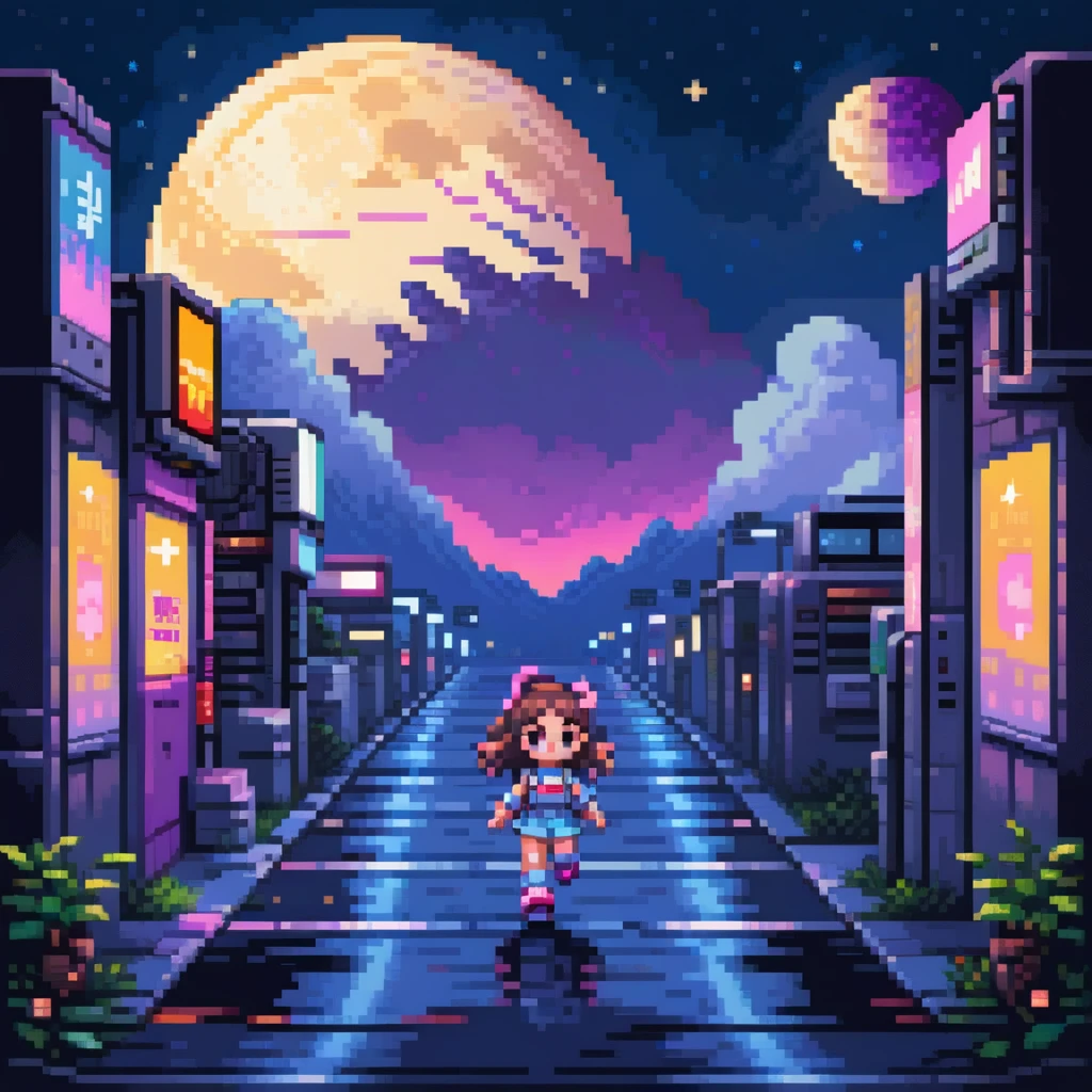 ((masterpiece)), ((best quality)), 8k, high detailed, ultra-detailed, 2D pixel art, retro, ((nostalgic SNES side-scroller game)), chibi girl, walking on a road, large moon in the sky, characters from past stages in background, simple soft colors, glowing moonlight, pixelated stars
