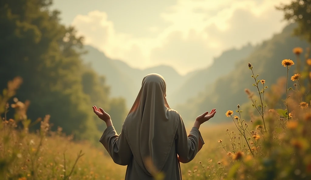 A beautiful young woman is wearing Black Borkkha and looking at the sun. Her face is not visible as the picture is taken from his back. She was in the middle of a beautiful forest where there were many beautiful trees and small white yellow flowers. Her one hand rise to sun and one hand is down. The sun ray comes.