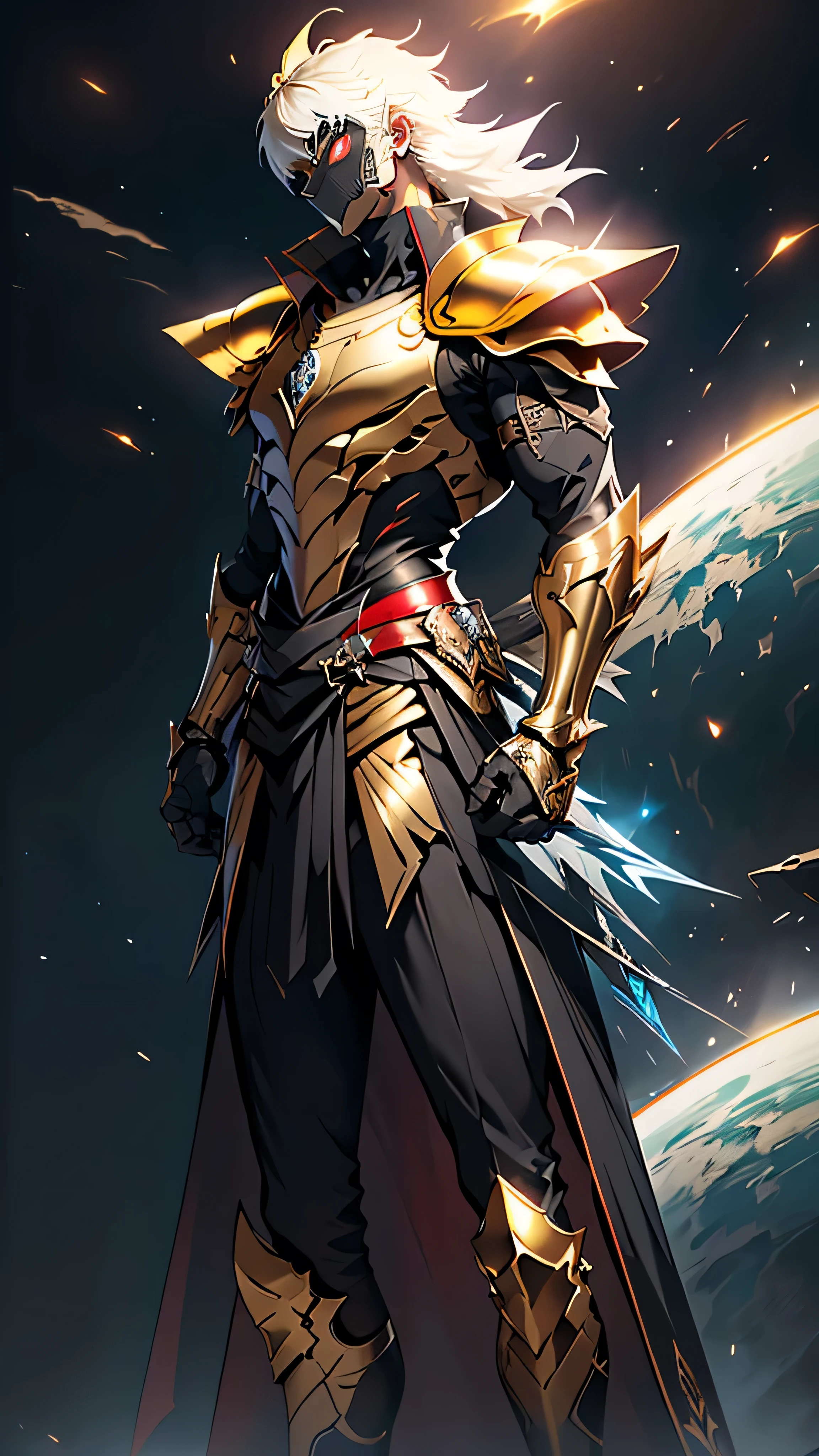 He&#39;s a Man .   The image features dark futuristic armor  ,   designed for Ken Kaneki ,  combining elegant tactical elements with a predatory appearance .  The armor reflects its duality like human and ghoul .

helmet: O helmet é preto elegante com linhas afiadas.  A slit Bright red eyepiece crosses the visor ,  and the mouthpiece mimics Kaneki's ghoul mask ,  with irregular teeth adding a monstrous touch .

Cloak plates  (Shoulder protectors):  The shoulder protectors are close to the chest ,  curving towards the shoulders in an aerodynamic way .  They present black metallic surfaces with crimson veins ,  hinting at Kaneki's ghoul power .

chest plate:  The segmented chest plate has angular lines in black and red .  A faint red glow emanates from the center ,  symbolizing your transformation .  The design is protective and wild ,  reflecting their internal conflict .

arm protectors:  The arm protectors are elegant ,  with articulated segments for flexibility .  The gloves have claw-like extensions ,  giving them a predatory feel ,  as if they were part of Kaneki's kagune .

leg armor:  The legs are protected with black plates crossed with red veins.  The boots are sharp and angular ,  tricks for speed and agility ,  reinforcing Kaneki's deadly precision .

high throat: Uma high throat sobe pelas costas e pelos lados,  tightly surrounding the neck .  Integrates with mantle plates ,  highlighting the menacing appearance of the armor .

background: In contrast to the darkness, foggy scenery,  with the Tokyo skyline slightly visible .  The red lighting highlights important features ,  like the glowing eye slit and chest ,  reinforcing the menacing aspect by Kaneki , ghostly presence.