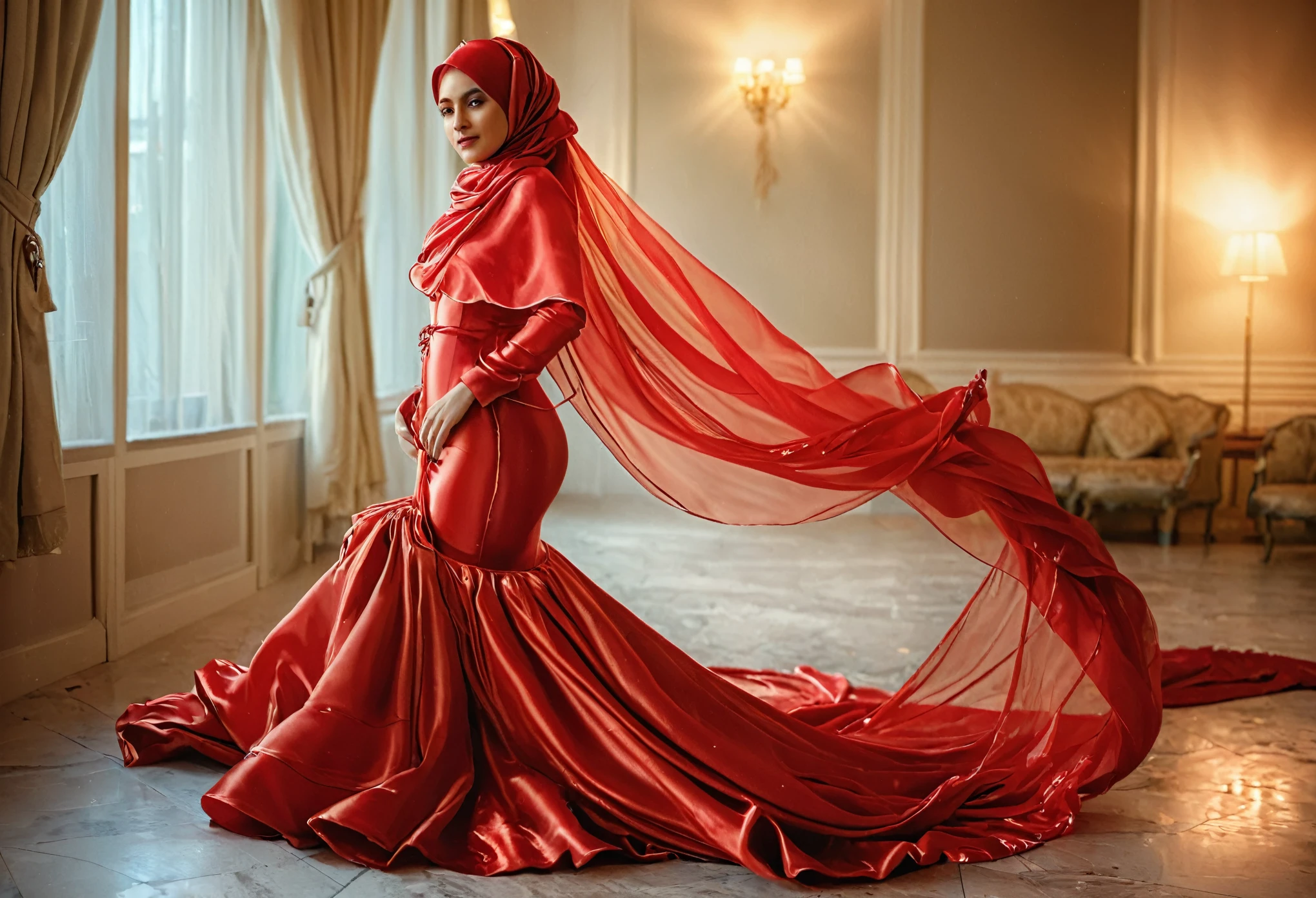 woman shrouded in a 10-meter-long, plush semi transparent red satin shimmer cloth, tightly bound and grandly draping along the form of her body, flowing off into a pooled floor-length train, styled in a mermaid-inspired outfit, her head modestly veiled in a satin hijab,walk in hotel loby, a full-body pose conveying a sense of mysterious elegance, captured in a 4k resolution, ultra-realistic, (best quality,4k,8k,highres,masterpiece:1.2),ultra-detailed,(realistic,photorealistic,photo-realistic:1.37),HDR,UHD,studio lighting,ultra-fine painting,sharp focus,physically-based rendering,extreme detail description,professional,vivid colors,bokeh,portraits,fantasy,cinematic lighting
