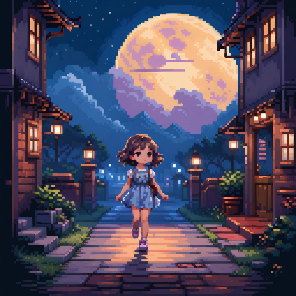 ((masterpiece)), ((best quality)), 8k, high detailed, ultra-detailed, a 2D pixel art scene resembling a nostalgic SNES side-scrolling game, featuring a small chibi-style girl walking under a bright, full moon. The background shows an empty road and passing characters from previous stages, each subtly illuminated by the moonlight. The atmosphere is dreamy and chill, with soft hues and twinkling stars. The girl has a gentle expression, wearing a simple dress, and the pixel art style adds a warm retro touch