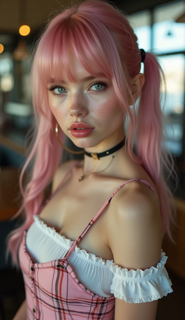 (Realisttic:1.2), analog photo style, Beautiful young woman, posing, with freckles and long pink hair braided, (modern ambient atmosphere), soft natural light, cute and sexy, great quality, Masterpiece, detailed strange background, better performance, 16k quality, RAW photo, sexy clothes, sexy choker, black choker, clevage, big tits, big fat tits, round tits, masive tits, giant tits,