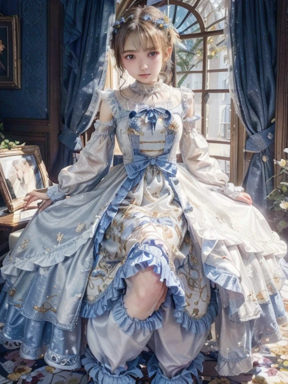 Dramatic light, straight angle, big blue eyes, pretty and cute 16 year old girl, smile, pale white skin, rosy cheeks, wavy messy blonde hair, pastel purple princess dress, lining in skirt, hand lifting the skirt, flared skirt, hydrangea flowers garden 