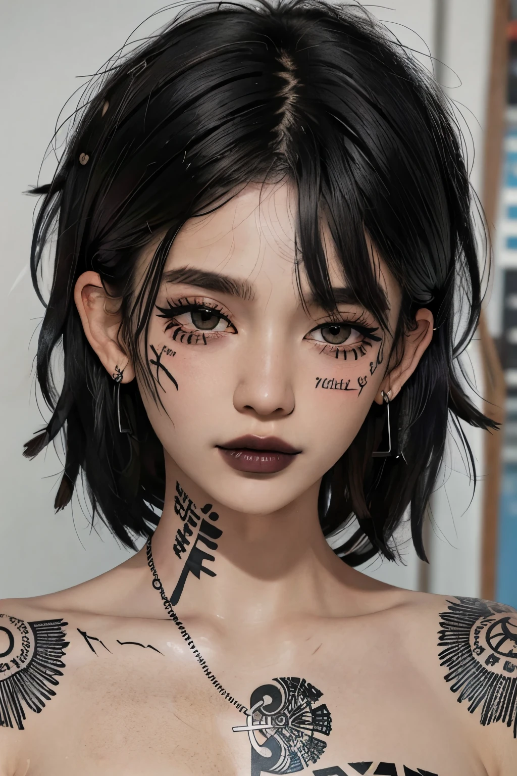 1girl, face tattoo, facing viewer, looking at viewer, black hair, shaggy hair, messy hair, black lipstick, black lips, winged eyeliner, pale skin, smokey eyes, eye shadow, mascara, face closeup, face close up, closeup, close up, bangs, messy hair, face tattoos, bedhead, indoors, tattoos, neck tattoos, covered in tattoos, portrait, completely covered in tattoos, tattoos