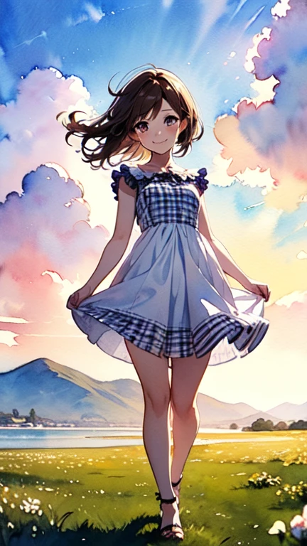 1,000,000.Short brown hair), Staring at us from the front,Beautiful brown hair, Clear brown eyes, A little chubby,Small breasts,Small butt,(((Teasing Smile、Watercolor))),
Best Quality, masterpiece, Ultra-high resolution, 8k,,Spring Sky,((Spring Outfits)), show anime style  , One,  Softline Art , Digital Enhancement, shojo anime touch, shojo manga core, Flowing fabric, close, Soft Drawing,  Ultra High Definition Digital Anime Art , Clear facial depiction, Highly detailed girl manga character art, Ultra-detailed manga style, Best Qualityの色, full body,
(Summer landscape,Cumulonimbus.Gingham check dress)