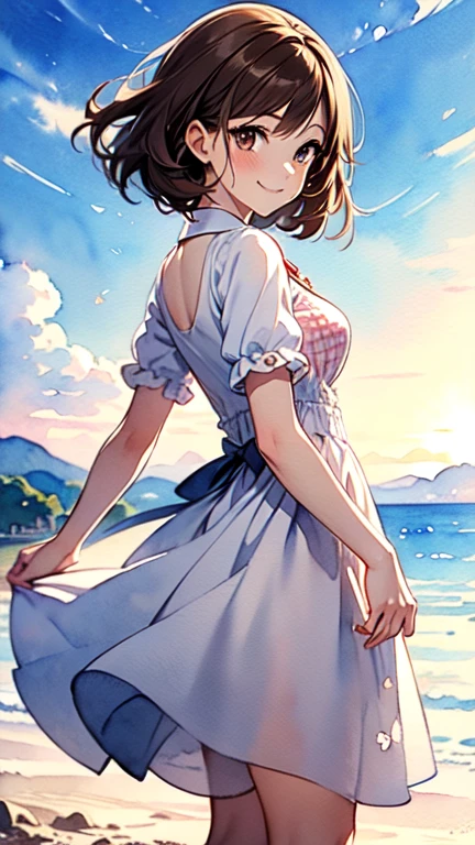 1,000,000.Short brown hair), Staring at us from the front,Beautiful brown hair, Clear brown eyes, A little chubby,Small breasts,Small butt,(((Teasing Smile、Watercolor))),
Best Quality, masterpiece, Ultra-high resolution, 8k,,Spring Sky,((Spring Outfits)), show anime style  , One,  Softline Art , Digital Enhancement, shojo anime touch, shojo manga core, Flowing fabric, close, Soft Drawing,  Ultra High Definition Digital Anime Art , Clear facial depiction, Highly detailed girl manga character art, Ultra-detailed manga style, Best Qualityの色, full body,
(Summer landscape,Cumulonimbus.Gingham check dress)