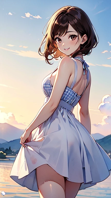 1,000,000.Short brown hair), Staring at us from the front,Beautiful brown hair, Clear brown eyes, A little chubby,Small breasts,Small butt,(((Teasing Smile、Watercolor))),
Best Quality, masterpiece, Ultra-high resolution, 8k,,Spring Sky,((Spring Outfits)), show anime style  , One,  Softline Art , Digital Enhancement, shojo anime touch, shojo manga core, Flowing fabric, close, Soft Drawing,  Ultra High Definition Digital Anime Art , Clear facial depiction, Highly detailed girl manga character art, Ultra-detailed manga style, Best Qualityの色, full body,
(Summer landscape,Cumulonimbus.Gingham check dress)