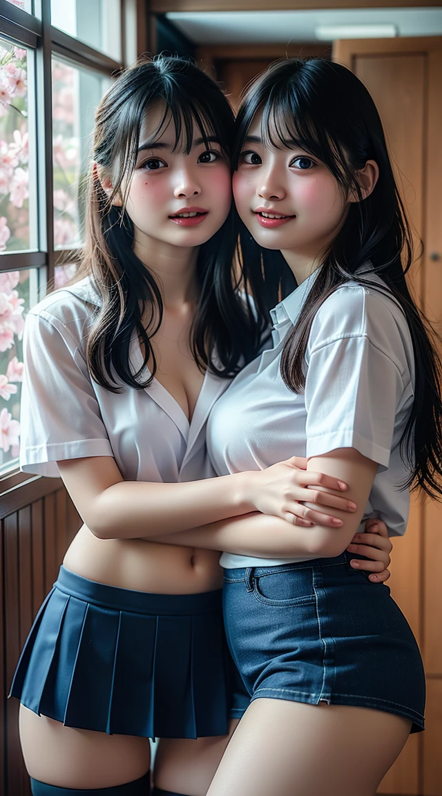 (NSFW),(2girls),(Shot from outside the window, embarrassed:1.2),8K,RAW portrait of japanese girl,300mm zoom,超A high resolution,Best Quality, BREAK (change:1.3),Very pretty,************,Round eyes,A lot of depth,Locker Room,(School uniform, Undressing collar shirt, Undressing bra, Protruding nipple:1.2,Pleated skirt,White Sox),Random-sized breasts, BREAK (Natural Skin Texture,Detailed skin, Hyper-Realism,ultra sharpness),Intricate details,High resolution, Natural lighting,