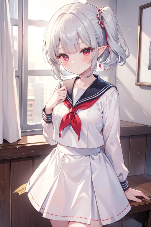 ((Put your hands on your chest)), ((Surprised)), (Red Face), 1女の子の接写, elvish, silver hair,, Red eyes, Braided hair, bob cuts, Student uniform, sailor outfit, inside room, Mirror, Gender Change, Concept art, beautiful anime scene, beautiful anime scenery, The Highest Quality, master masterpiece, 4K