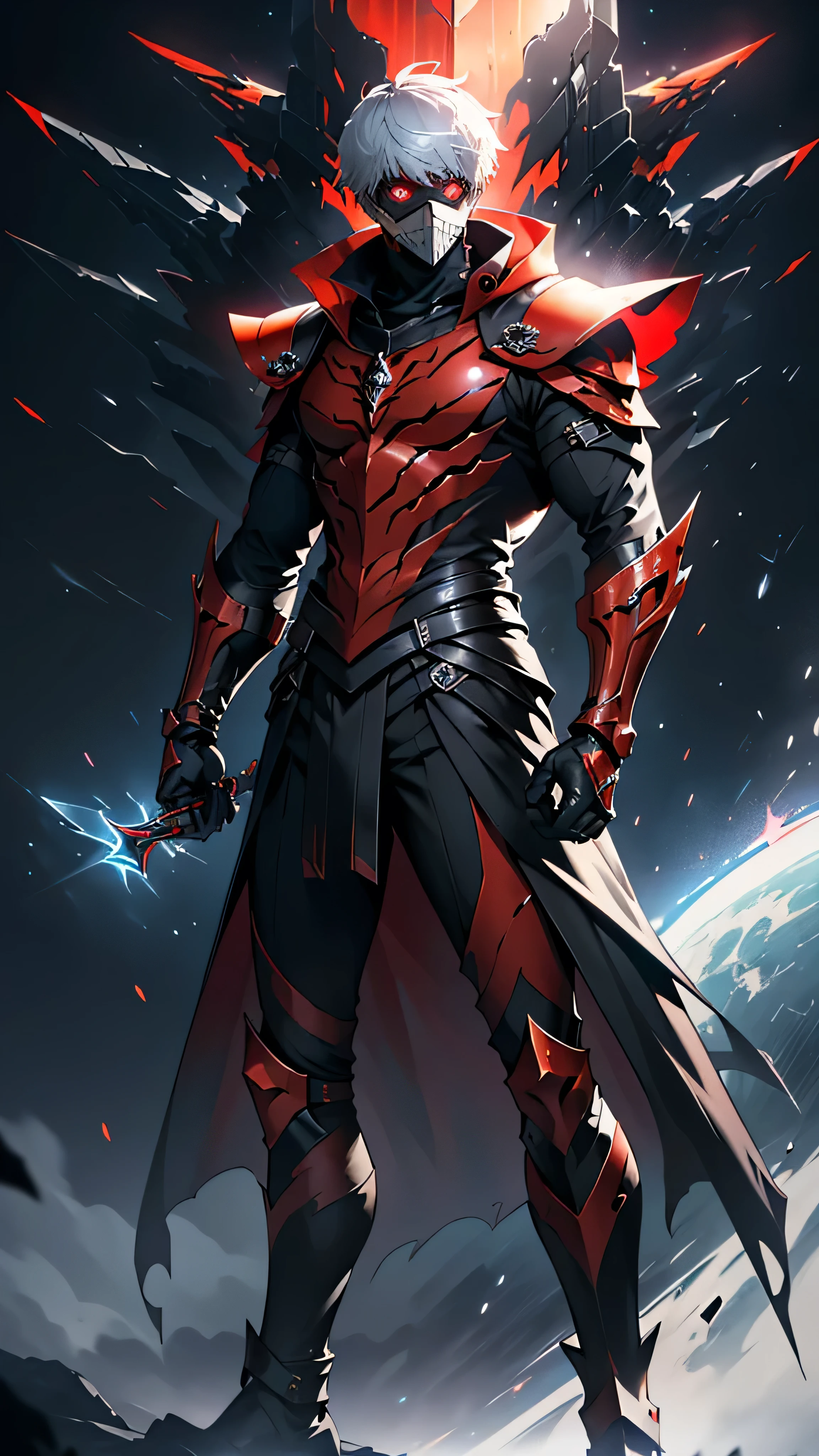 He&#39;s a Man .   The image features dark futuristic armor  ,   designed for Ken Kaneki ,  combining elegant tactical elements with a predatory appearance .  The armor reflects its duality like human and ghoul .

helmet: O helmet é preto elegante com linhas afiadas.  A slit Bright red eyepiece crosses the visor ,  and the mouthpiece mimics Kaneki's ghoul mask ,  with irregular teeth adding a monstrous touch .

Cloak plates  (Shoulder protectors):  The shoulder protectors are close to the chest ,  curving towards the shoulders in an aerodynamic way .  They present black metallic surfaces with crimson veins ,  hinting at Kaneki's ghoul power .

chest plate:  The segmented chest plate has angular lines in black and red .  A faint red glow emanates from the center ,  symbolizing your transformation .  The design is protective and wild ,  reflecting their internal conflict .

arm protectors:  The arm protectors are elegant ,  with articulated segments for flexibility .  The gloves have claw-like extensions ,  giving them a predatory feel ,  as if they were part of Kaneki's kagune .

leg armor:  The legs are protected with black plates crossed with red veins.  The boots are sharp and angular ,  tricks for speed and agility ,  reinforcing Kaneki's deadly precision .

high throat: Uma high throat sobe pelas costas e pelos lados,  tightly surrounding the neck .  Integrates with mantle plates ,  highlighting the menacing appearance of the armor .

background: In contrast to the darkness, foggy scenery,  with the Tokyo skyline slightly visible .  The red lighting highlights important features ,  like the glowing eye slit and chest ,  reinforcing the menacing aspect by Kaneki , ghostly presence.