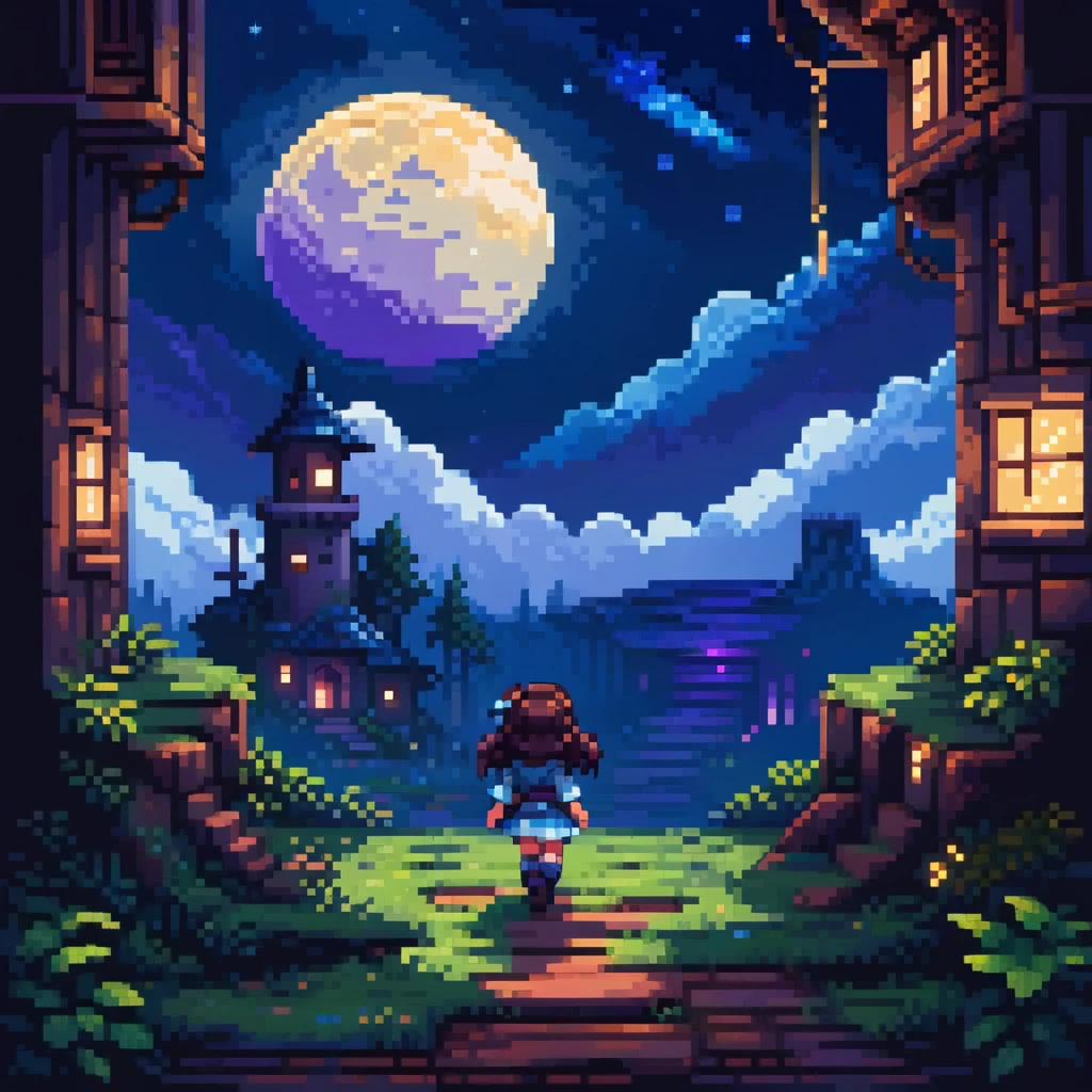 ((masterpiece)), ((best quality)), 8k, highly detailed, ultra-detailed, a nostalgic 2D pixel art scene from a retro side-scrolling SNES game, horizontal view with visible ground cross-section, a chibi girl (2-head-tall character) walking in the center, under a large glowing full moon in the night sky, soft lights reflecting from the ground, shadows stretching from her feet, characters from previous game levels passing by in the background, dreamy and chill atmosphere, inspired by the song lyrics, soft and bright pixel art, (girl, ((chibi)), walking, (full moon), night sky, glowing, retro game, pixel characters in background)