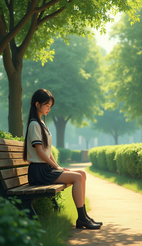 Urban parks,light wind,park bench,Sit on a bench,eye closeds,long skirt