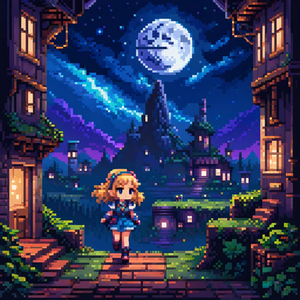 ((masterpiece)), ((best quality)), 8k, highly detailed, ultra-detailed, a nostalgic 2D pixel art scene from a retro side-scrolling SNES game, horizontal view with visible ground cross-section, a chibi girl (2-head-tall character) walking in the center, under a large glowing full moon in the night sky, soft lights reflecting from the ground, shadows stretching from her feet, characters from previous game levels passing by in the background, dreamy and chill atmosphere, inspired by the song lyrics, soft and bright pixel art, (girl, ((chibi)), walking, (full moon), night sky, glowing, retro game, pixel characters in background)