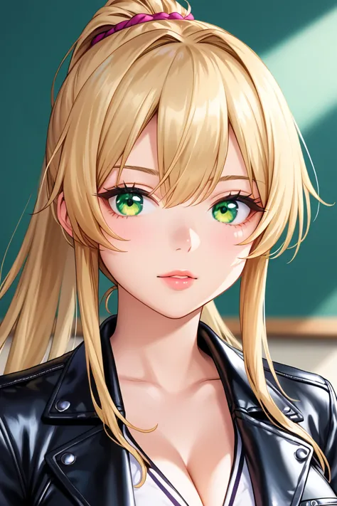 1 girl, solitary, face, portrait, long hair, ponytail, blond,  green eyes, large breasts, (black leather jacket:1.2) , lysis,  s...