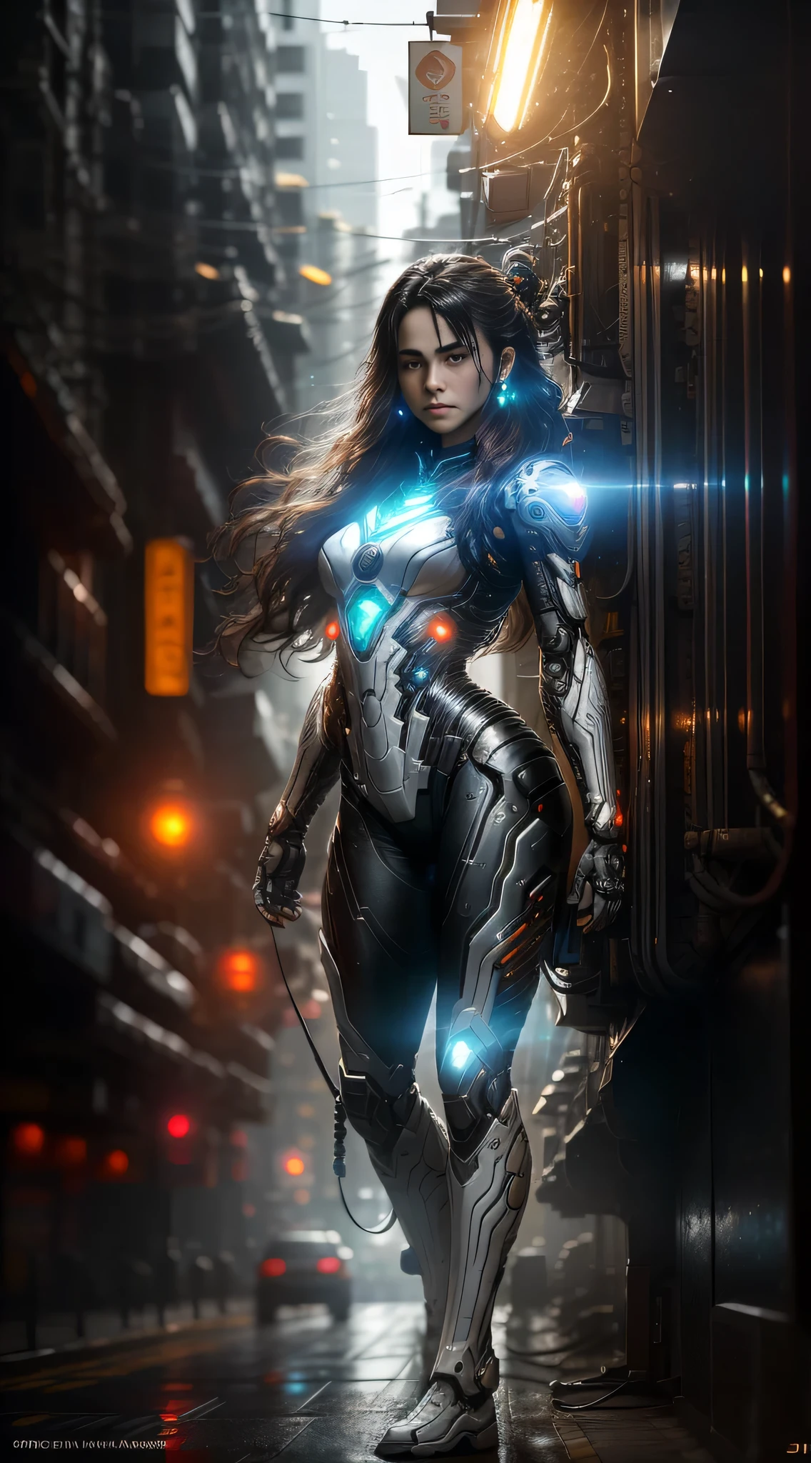 beautiful detailed young cyborg girl:1.2, (highly detailed futuristic cityscape:1.2), (scifi:1.2), professional portrait photography, by wlop greg rutkowski jeffrey simpson alphonse mucha