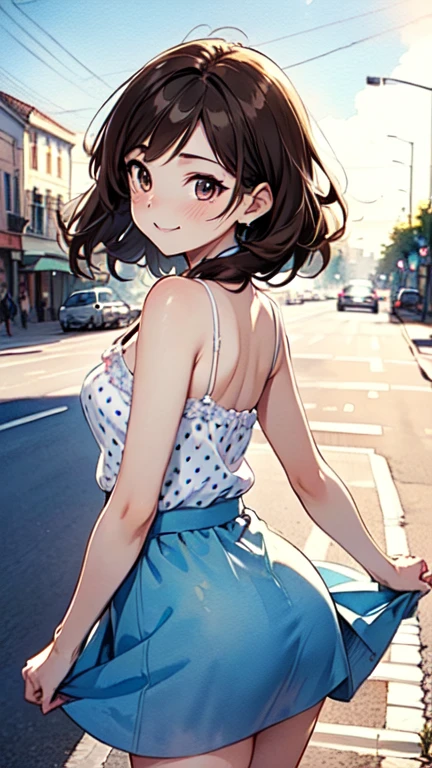 1,000,000.Short brown hair), Staring at us from the front,Beautiful brown hair, Clear brown eyes, A little chubby,Small breasts,Small butt,(((Teasing Smile、Watercolor))),
Best Quality, masterpiece, Ultra-high resolution, 8k,Spring Sky,((Spring Outfits)), show anime style  , One,  Softline Art , Digital Enhancement, shojo anime touch, shojo manga core, Flowing fabric, close, Soft Drawing,  Ultra High Definition Digital Anime Art , Clear facial depiction, Highly detailed girl manga character art, Ultra-detailed manga style, Best Qualityの色,  cowboy shot,
(Summer landscape,street corner white camisole.Polka dot skirt)