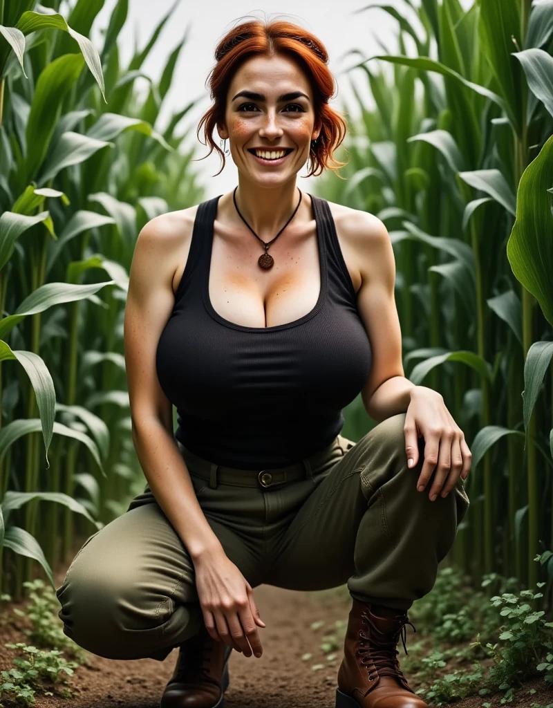 Photorealistic, cinematic style, low angle picture of a beautiful British woman kneeling in a cornfield between rows of tall corn. (Dynamic pose: 1.5), (she is smiling). She has Brown eyes, downturned eye shape, light skin and freckles, reddish-brown hair, ponytail hairstyle . She's wearing a black ribbed tank top, Baggy green cargo pants, brown work boots. Amulet in a leather string around her neck.  The corn stalks are rising high on all sides of her, impenetrable green corn. ((Theme colour is green)). perfect hand,HDR, intricate details ,