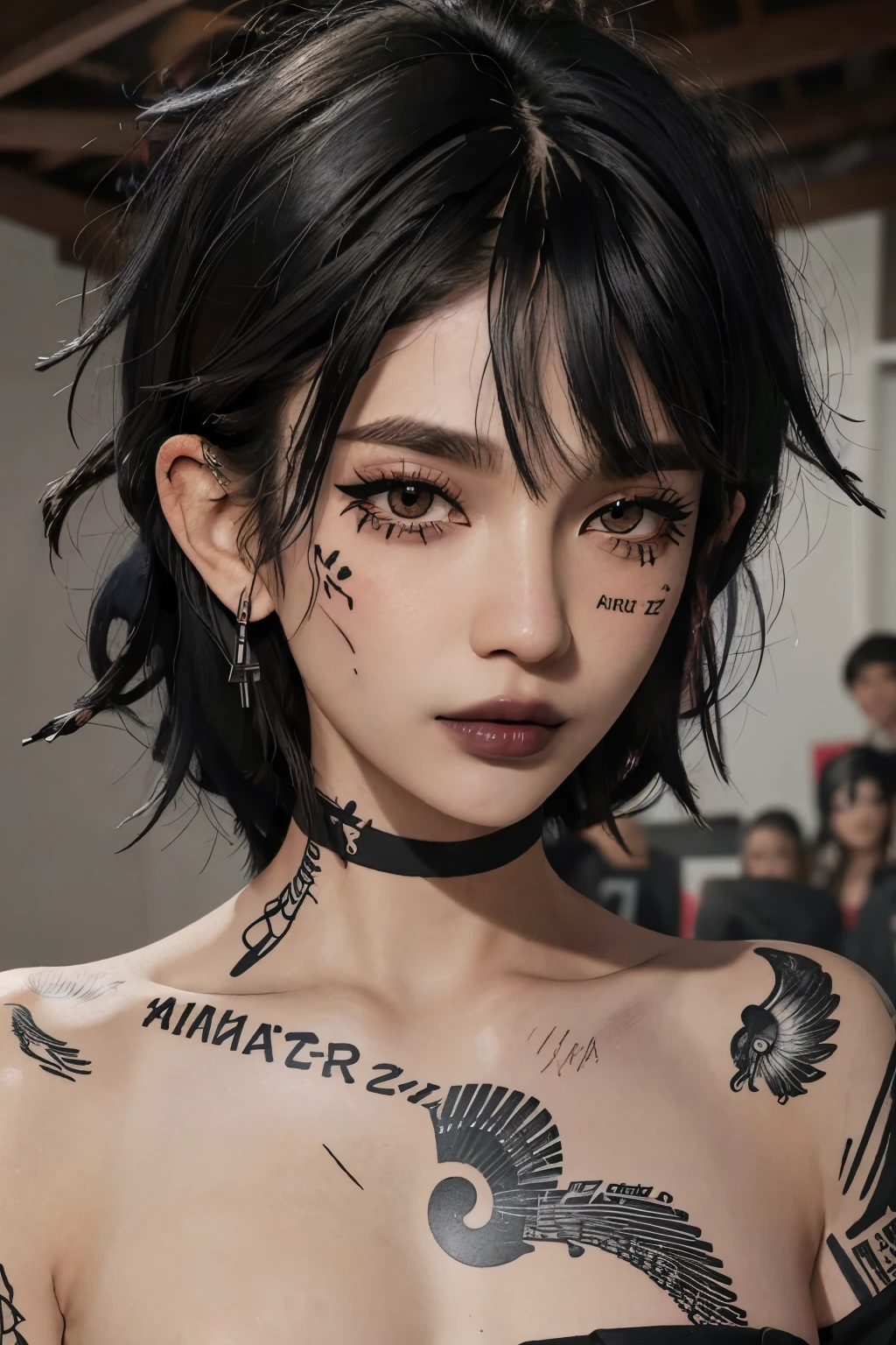 1girl, face tattoo, facing viewer, looking at viewer, black hair, shaggy hair, messy hair, black lipstick, black lips, winged eyeliner, pale skin, smokey eyes, eye shadow, mascara, face closeup, face close up, closeup, close up, bangs, messy bangs, messy hair, face tattoos, bedhead, indoors, tattoos, neck tattoos, covered in tattoos, portrait, completely covered in tattoos, tattoos, choker