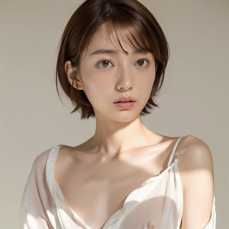 1 Japanese woman, 20 years old, High resolution, Short hair, Brown Hair, flat chest, Anatomically correct, Soft Light, Reality, Super detailed, 
White silk shirt with an oversized neckline, collarbone and chest visible, Lean forward and look up, without bra, nipples are visible, full body shot