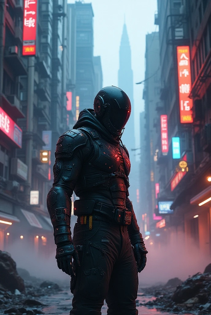 Dark cyberpunk scene with a half robot augmented human