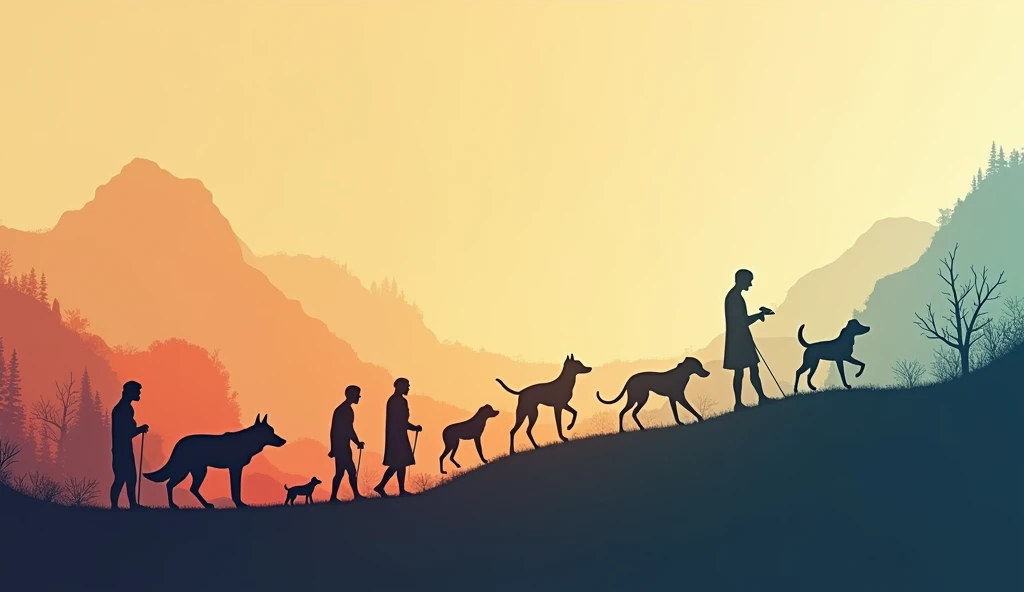 A background image for a slide about the history of dogs, featuring a soft gradient transition from ancient to modern times. On the left, faint outlines of early humans and wolves are seen against earthy tones, symbolizing the domestication of dogs. As the background moves toward the right, it gradually shifts to brighter colors, with subtle silhouettes of dogs herding, hunting, and playing in various historical contexts. The design is minimalist and abstract, allowing space for text while conveying the evolution of dogs over time. Bright image