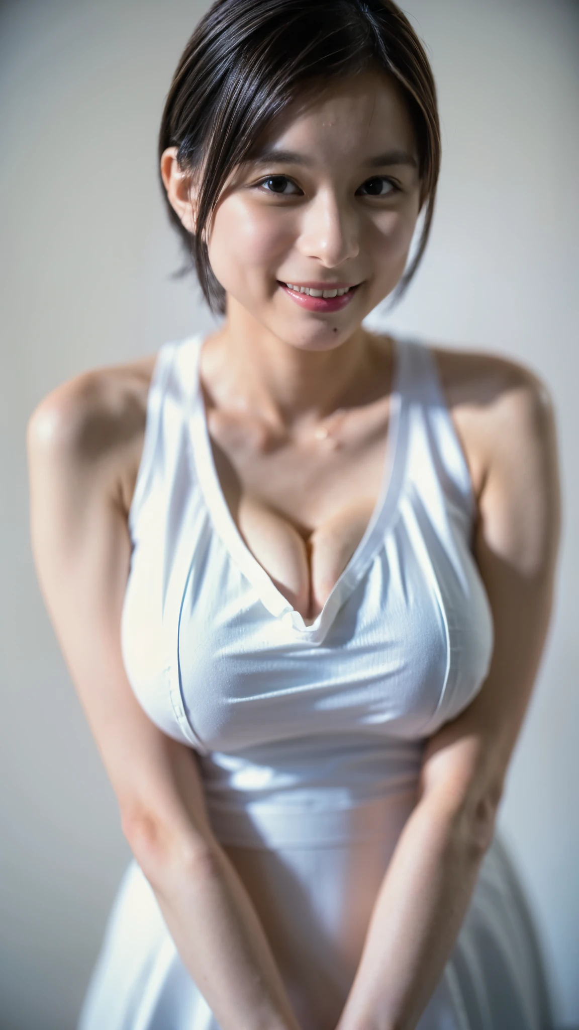 Best Quality,masterpiece,Ultra-high resolution, High Definition RAW Color Photos ,Professional photos,Natural skin texture,Fine skin, hyperrealism , Japanese Women, black hair short cut hair,((arms at sides,breast between the arms),smile,Tank tops,face focus,Close-up of face,(gigantic breast,The shape of the bust is clear ))