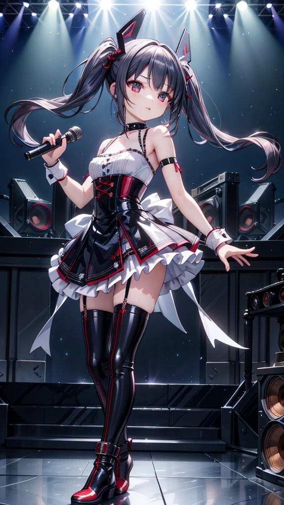 Illustration, movie light, high resolution, best quality, ultra detailed, detailed face, (detailed eyes), highest quality, super detail, masterpiece, (detailed face), pretty face, best smile, sexy mature woman, transparent (Lolita fashion: 1.5) cloth, ultra detailed embroidery, floating cloth, see-through, choker, open cross, NSFW, high heels, red eyes, neon small shiny hair ends, D cups, cleavage, AI fantasy concert, glowing lighting with neon details, (singing holding the microphone with left hand: 15), Singing with butt sticking out: 5, Idol, (Live stage: 1.15) To the packed audience in the background, reflection of light, heart-shaped iris, playful eyes, open shoulders, rain, (wet body), small glowing butterflies, hair jewelry, panties, ( Cute white string panties with ultra-detailed embroidered ribbon)