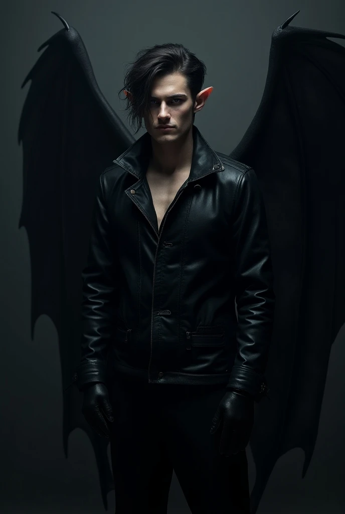 demon in the body of a young man with horns and short white hair, dark blue eyes and an imposing face with a black winged overcoat