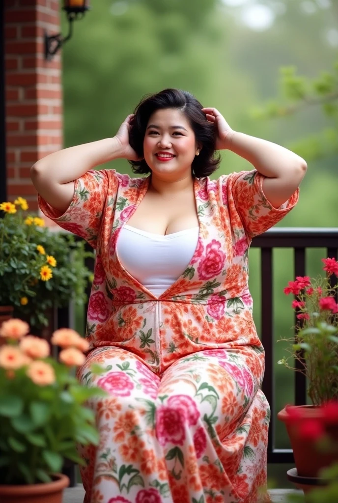 Imagine a chubby voluptuous plus-size Chinese model with short, curly hair, dressed in a vibrant floral opened revealing her bust robe that cascades to her knees. She is seated on a balcony surrounded by colorful potted flowers and a gentle breeze rustles through the fabric. The robe's playful patterns reflect her cheerful personality, enhancing the bright colors of the surroundings. Her relaxed smile and joyful demeanor invite viewers into her serene space. This image embodies the spirit of spring, celebrating beauty in nature. hands raised and rested on her head