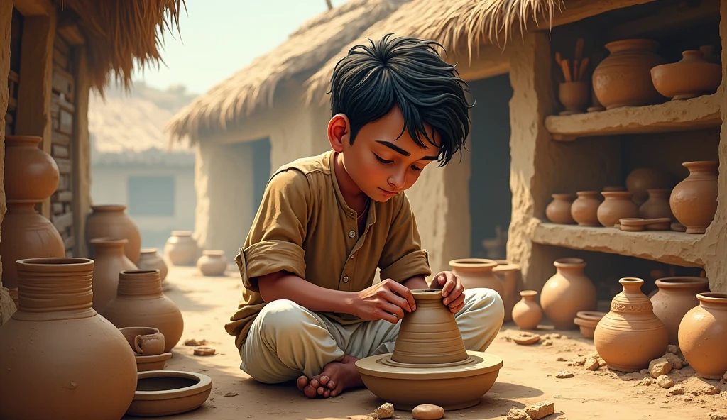 A poor human with childish features and torn clothes creating a realistic craft art using clay.