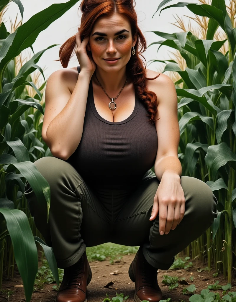 Photorealistic, cinematic style, low angle picture of a beautiful British woman kneeling in a cornfield between rows of tall corn. (Dynamic pose: 1.5), (she is smiling). She has Brown eyes, downturned eye shape, light skin and freckles, reddish-brown hair, ponytail hairstyle . She's wearing a black ribbed tank top, Baggy green cargo pants, brown work boots. Amulet in a leather string around her neck.  The corn stalks are rising high on all sides of her, impenetrable green corn. ((Theme colour is green)). perfect hand,HDR, intricate details ,