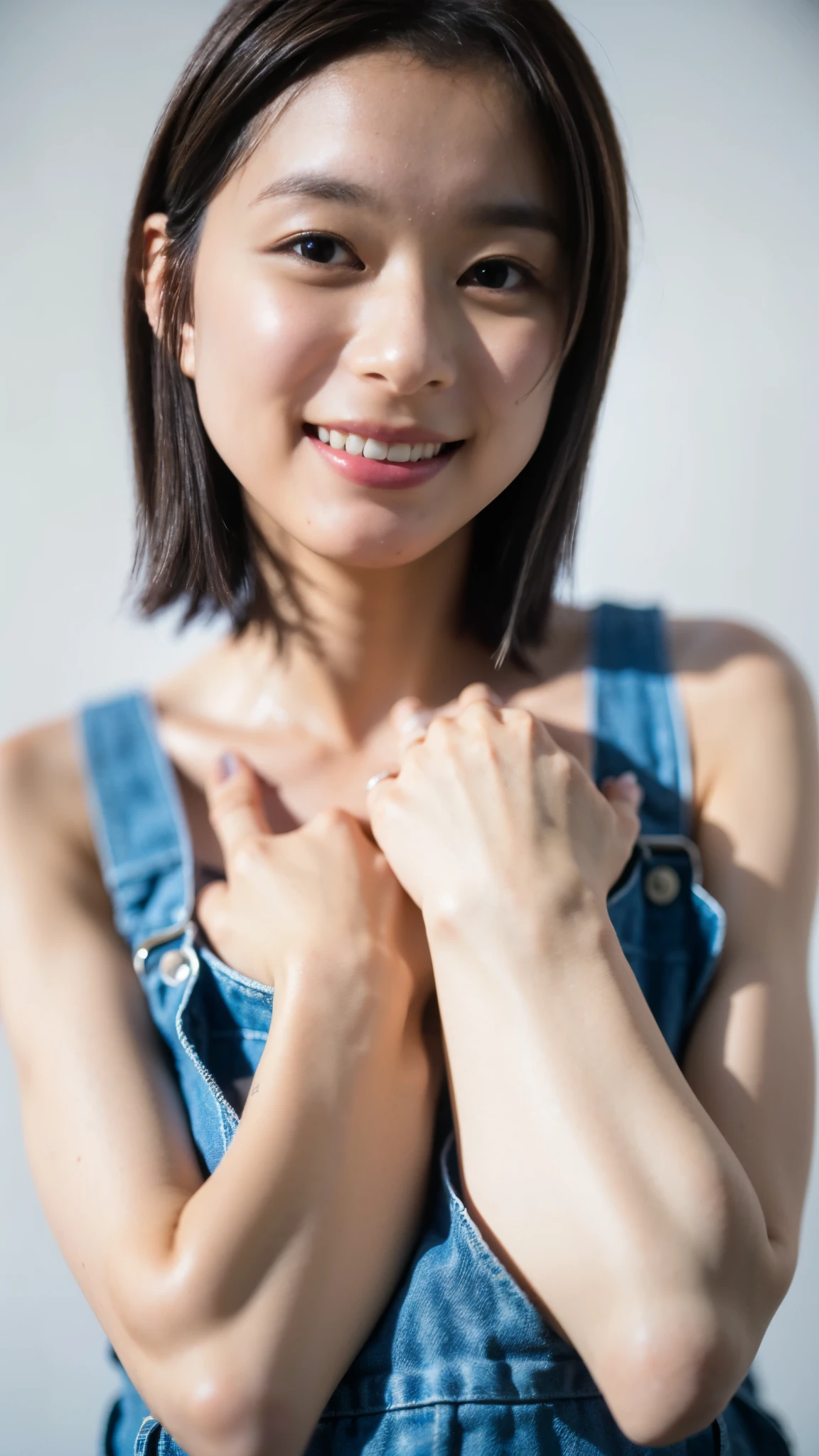 Best Quality,masterpiece,Ultra-high resolution, High Definition RAW Color Photos ,Professional photos,Natural skin texture,Fine skin, hyperrealism , Japanese Women, black hair short cut hair,((arms at sides,breast between the arms),smile,Overalls,face focus,Close-up of face,(gigantic breast,The shape of the bust is clear ))