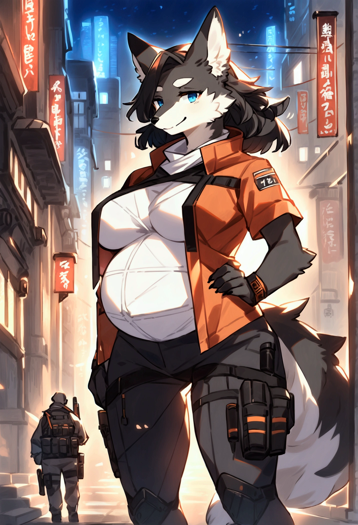 Solo, standing, female, alleyway, plants, golden hour, muscular, buff, giant, gigantic, massive, enormous, huge, biceps, big breasts, snout, felid, pantherine, ((pale tan fur)), black stripes, grey stripes, indigo eyes, By bebebebebe, by buta99, by chunie, by sonsasu, by danza, short hair, black hair, bangs, fringe, pink nose, red military spacesuit