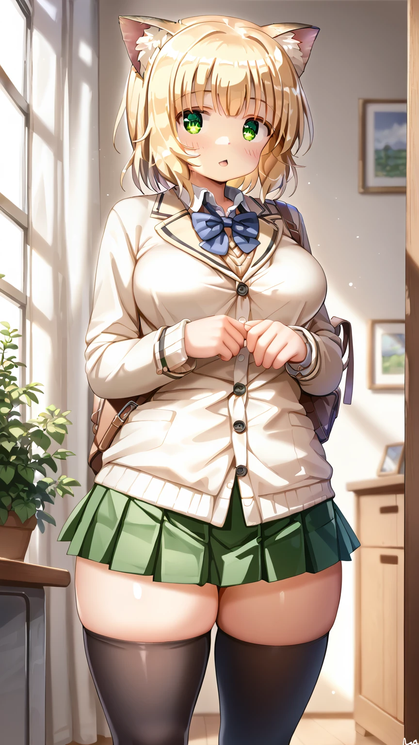 score_9, score_8_up, score_7_up, 1girl, solo,CedarP, scenery, (big breasts:0.8). (wide thighs:1.1), (wide hips:1.1), (mature woman:1.1), (detailed eyes), Immerse yourself in the elegance and sophistication of a beautiful blonde girl with green eyes. and Octane rendering in 8K resolution to create a hyper portrayal of her detailed face. (beautiful female), beautiful face, (Cat mouth:1.2), clear face, (Beautiful composition pure white room background:1.3), cat ears , Shiny hair, Shiny skin, standing, dark green school uniform, beige sweater, school uniform, blazer, dark green mini skirt, dark green pleated skirt, black thighhighs