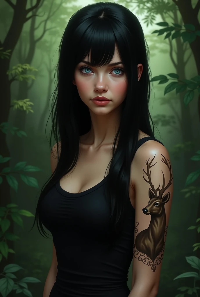 Portrait of a girl standing in a dark forest holding a black rose, blue eyes, Pure Ukrainian girl, White toned girl, Realistic, Close-up shot, skinny, Flat Chest, Narrow pelvis, An athletic body, Full nudity, pretty girl, , Long, slender legs, Confused,